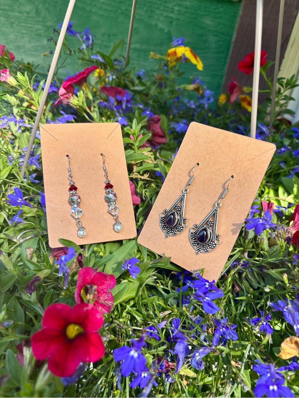 Amethyst and cloisonné earrings.